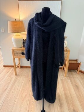VNTG Venesha Black Angora Sweater Coat Long Lined Knit Duster W/ Fringe Scarf M